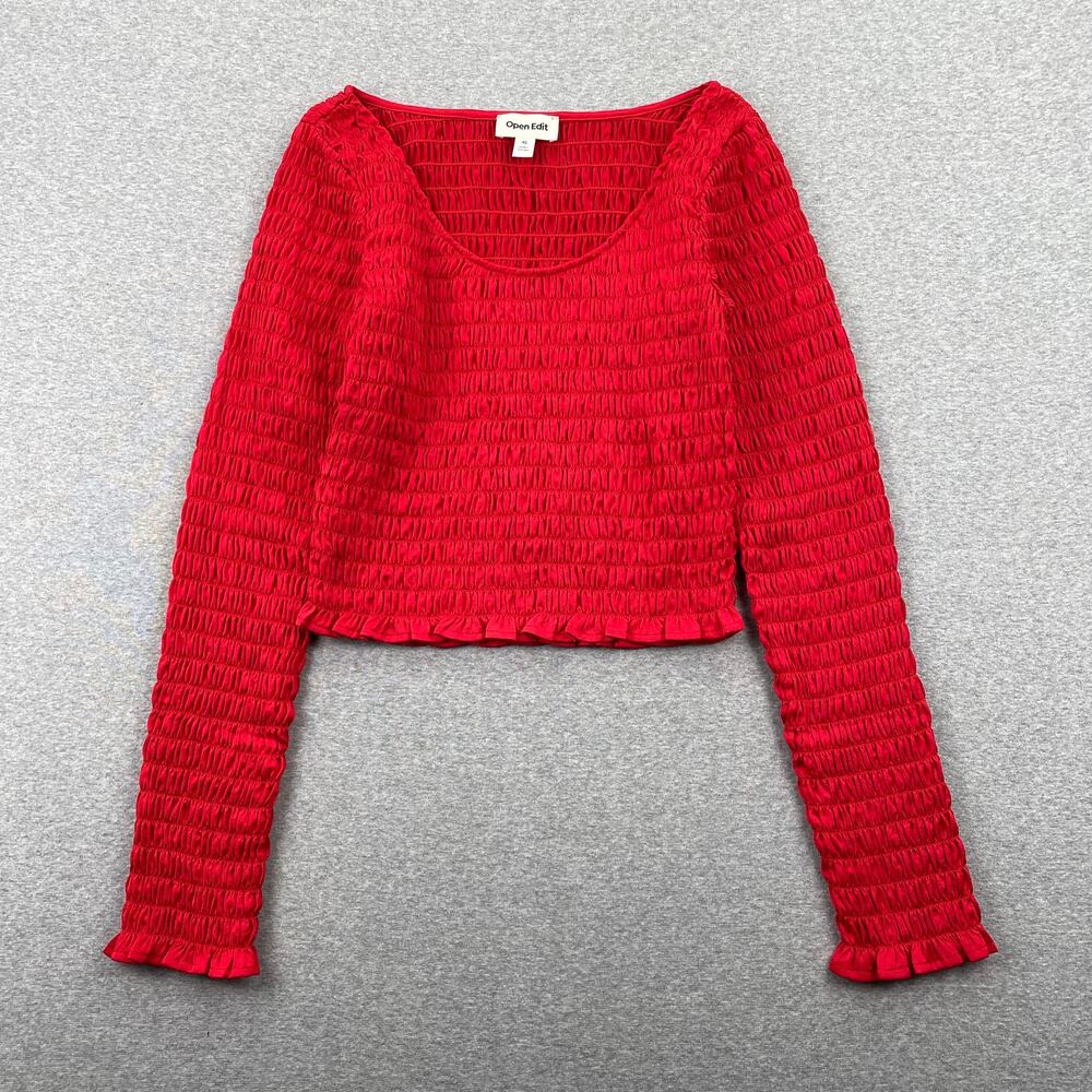 Open Edit Nordstrom Top Womens XS Red Smocked Long Sleeve Cropped Ruffle Stretch